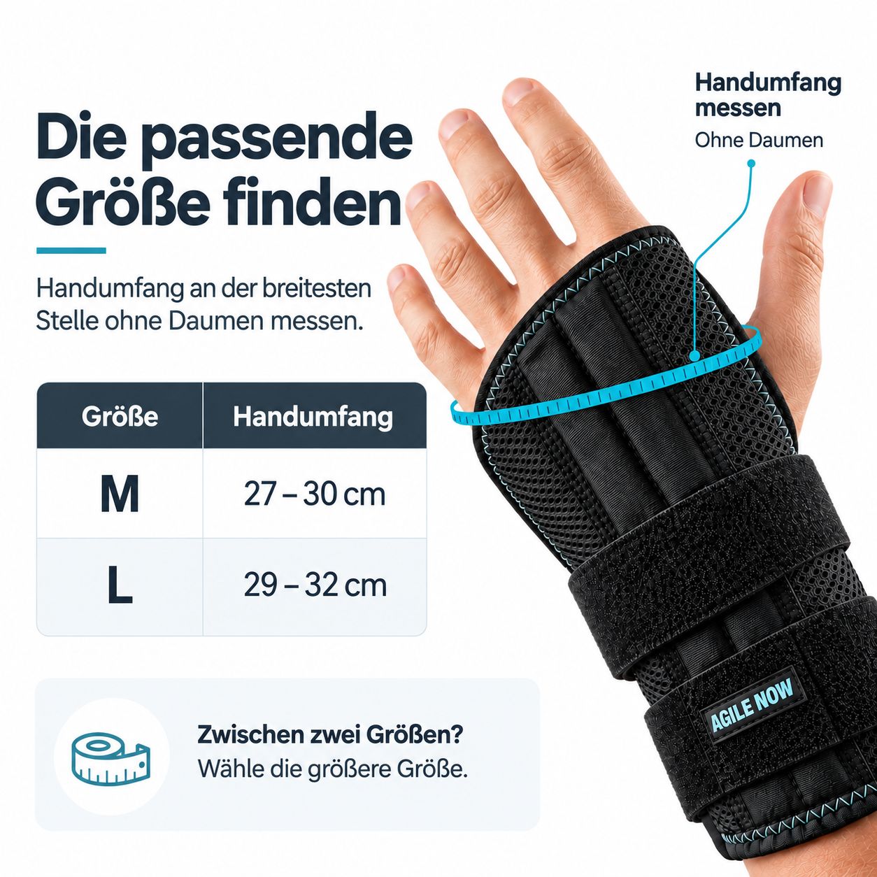 Größentabelle für Handgelenkbandagen: M (27-30cm), L (29-32cm). Messanleitung für Handgelenkumfang.