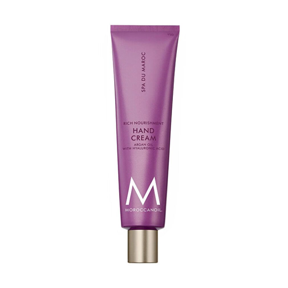 Lila Tube Handcreme. Schriftzug: Spa du Maroc, Rich Nourishment Hand Cream, Argan Oil, MoroccanOil. Goldfarbener Verschluss.