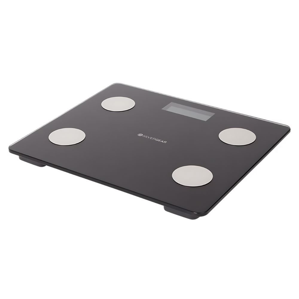 Schwarze Personenwaage mit vier silbernen Kontaktflächen und einem Display. Das Logo ist sichtbar.