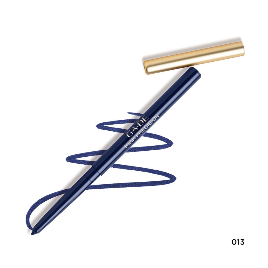 Blauer Eyeliner mit geöffneter goldfarbener Kappe. Aufschrift: GA-DE HIGH PRECISION. Blaue Linie.