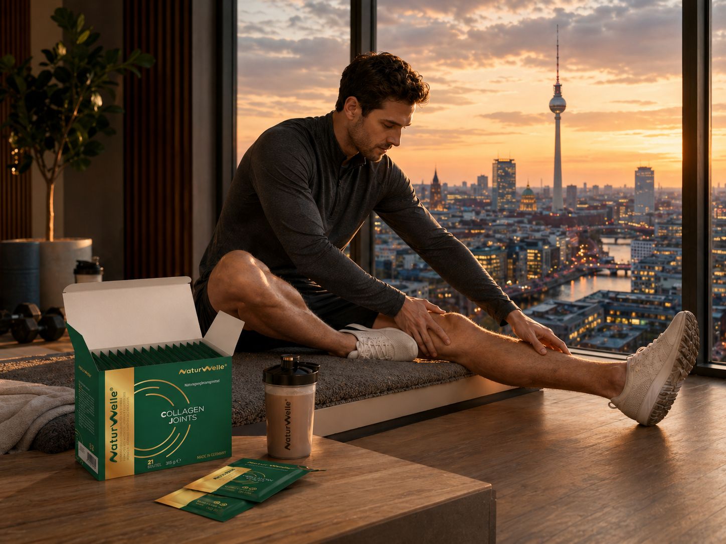 Mann sitzt und dehnt sich. Neben ihm eine Schachtel und Beutel mit der Aufschrift NaturWelle Collagen Joints.