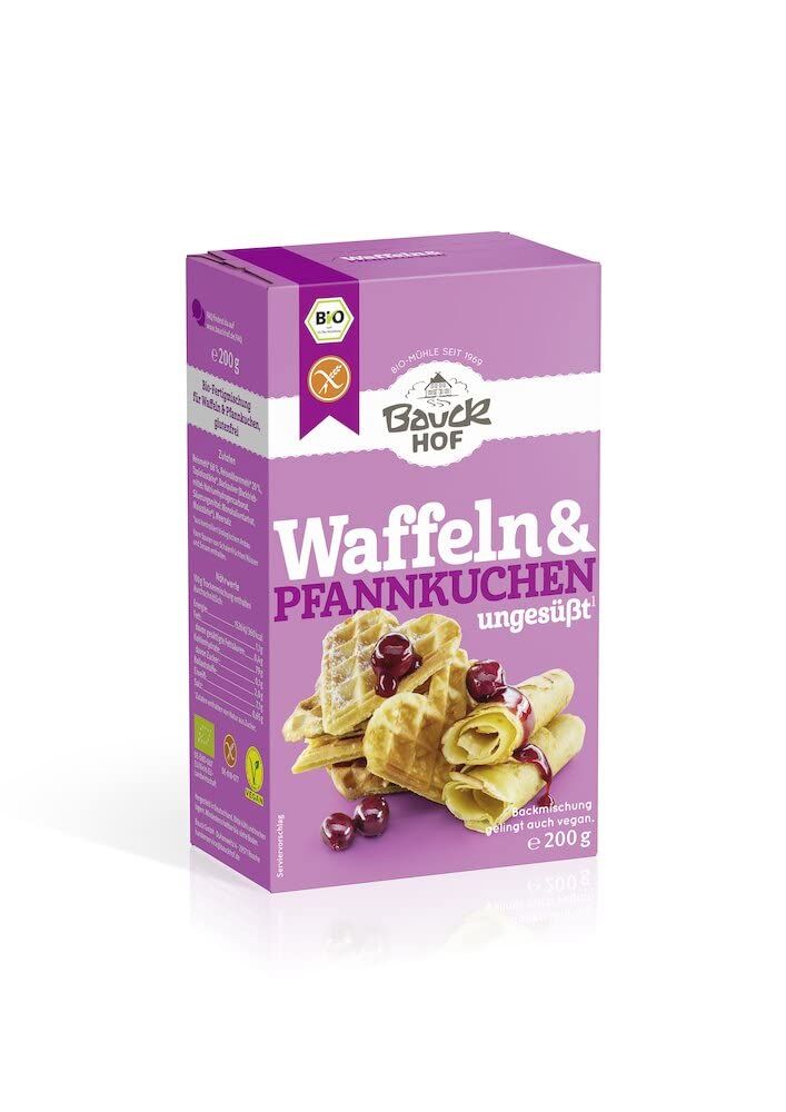 Lila Packung Bauckhof Waffeln & Pfannkuchen glutenfrei, ungeüsst, 200g. Mit Abbildung von Waffeln und Kirschen.