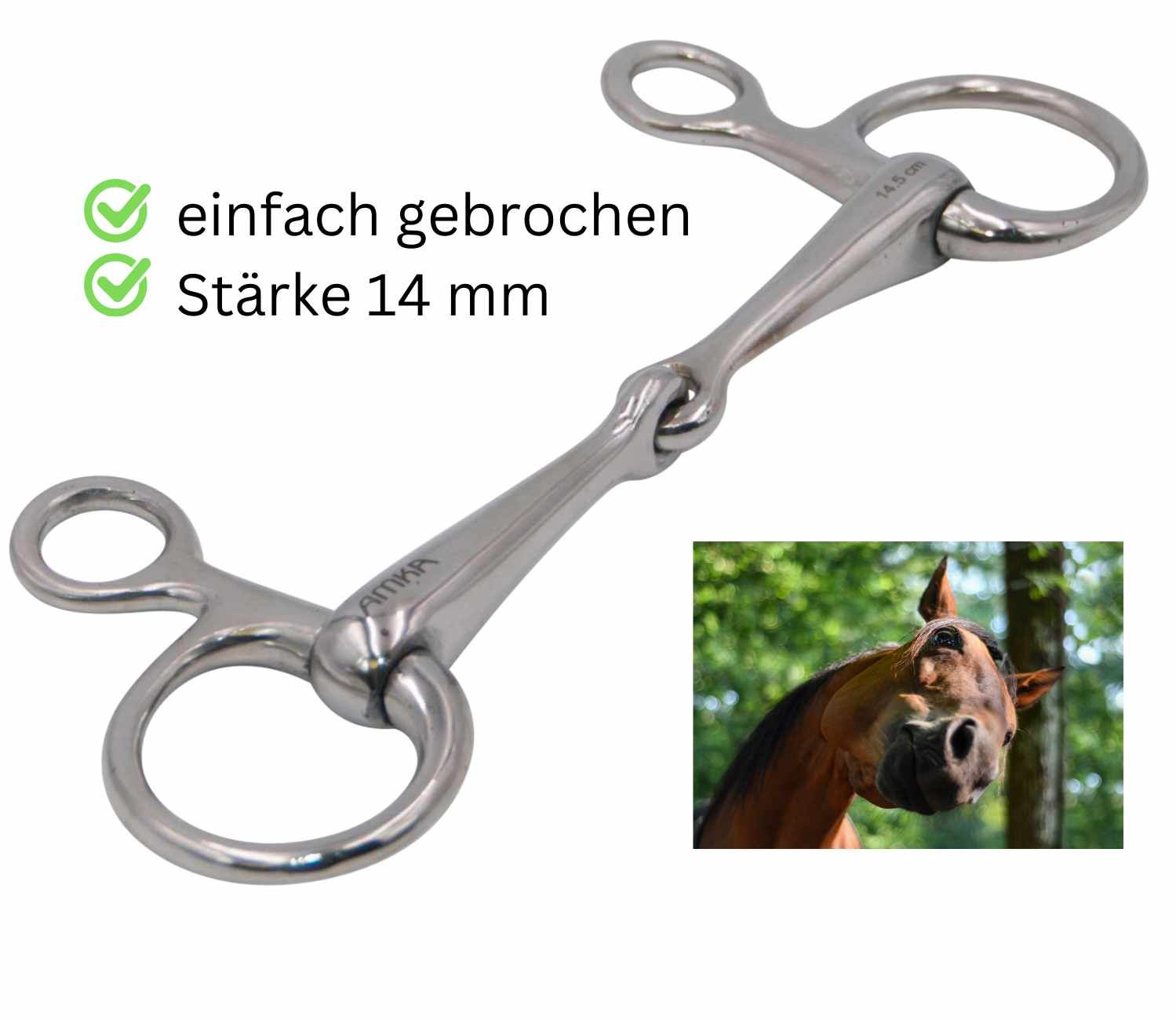 Einfach gebrochene Trense, 14 mm stark, mit AMKA-Logo. Kleines Pferdebild. Text: einfach gebrochen, Stärke 14 mm.