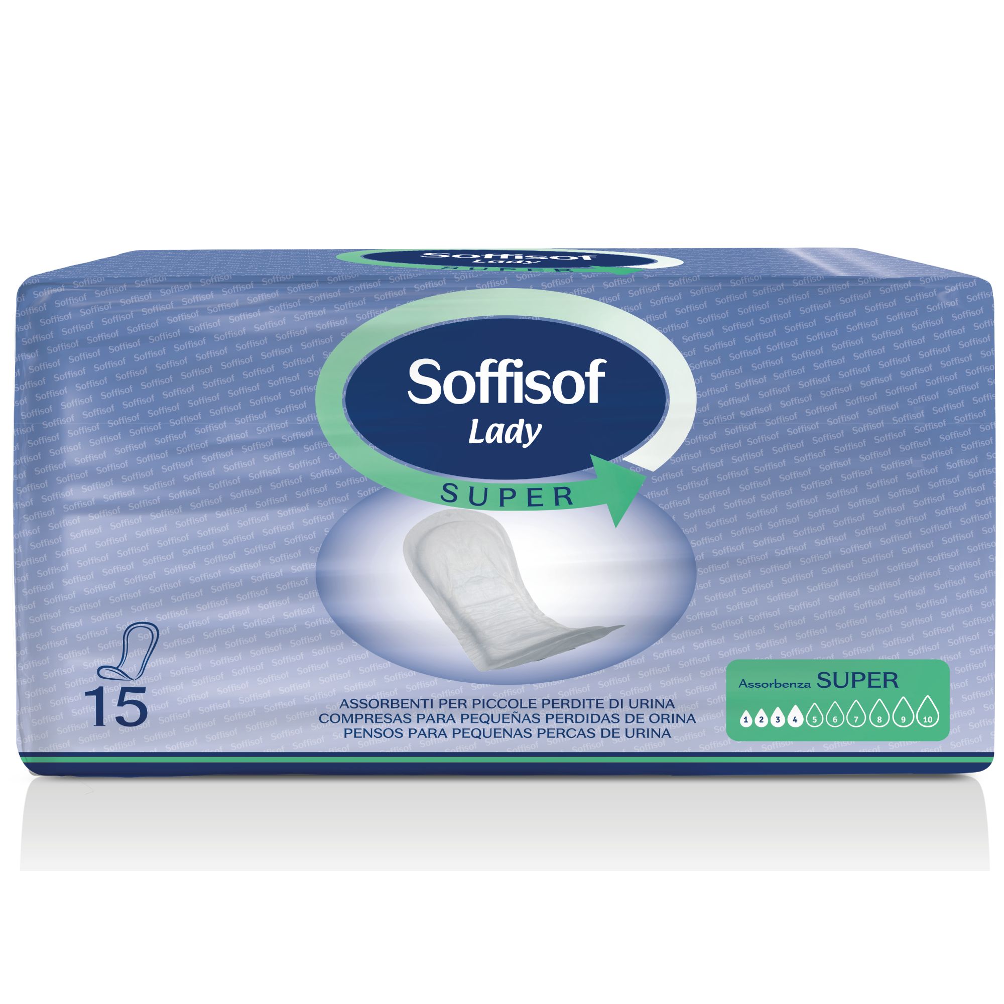 Packung Soffisof Lady Super Inkontinenzeinlagen. 15 Stück. Blaue Verpackung mit Produktabbildung und grünen Akzenten.