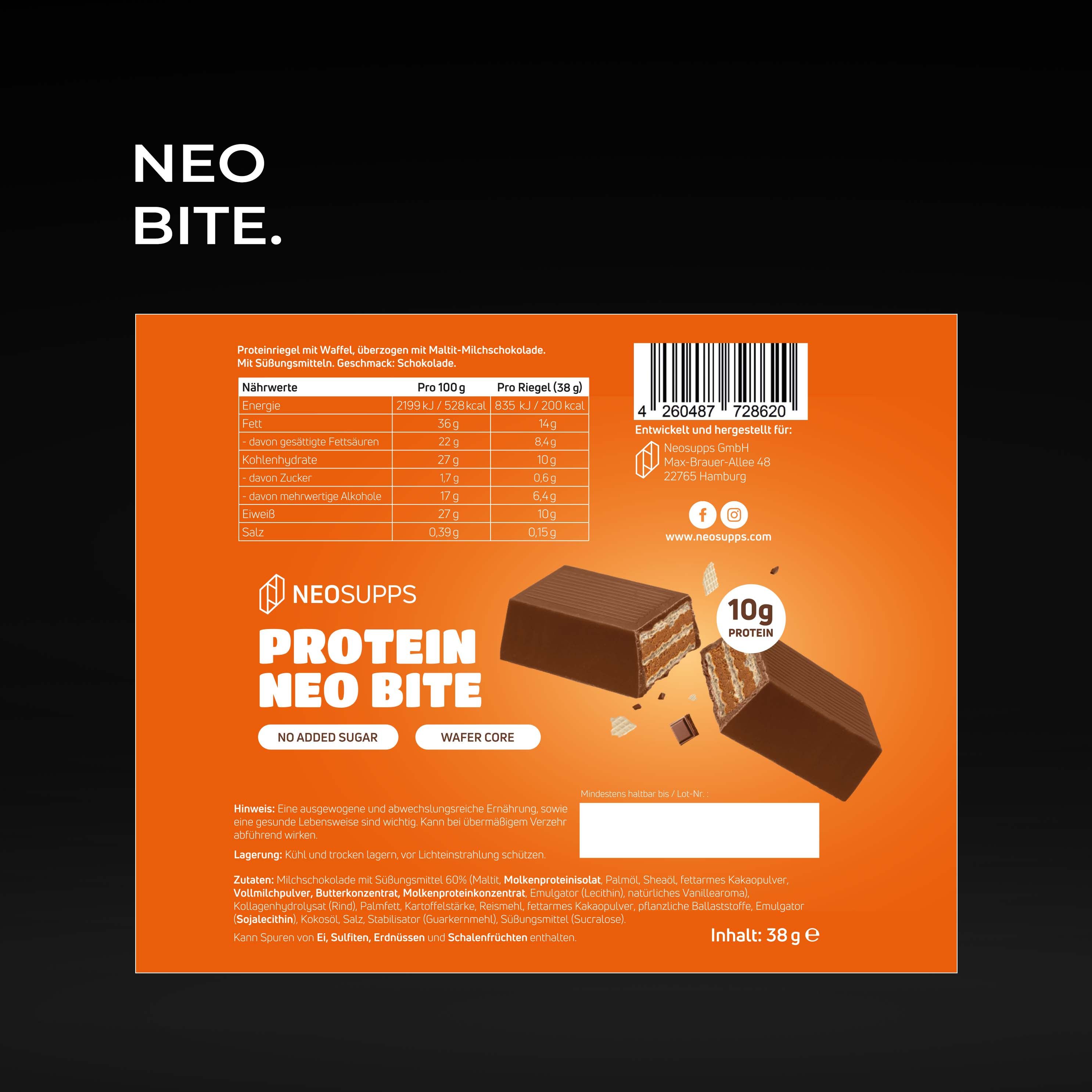 Rückseite der Neosupps NeoBite Proteinriegel-Verpackung mit Nährwertangaben und Barcode.