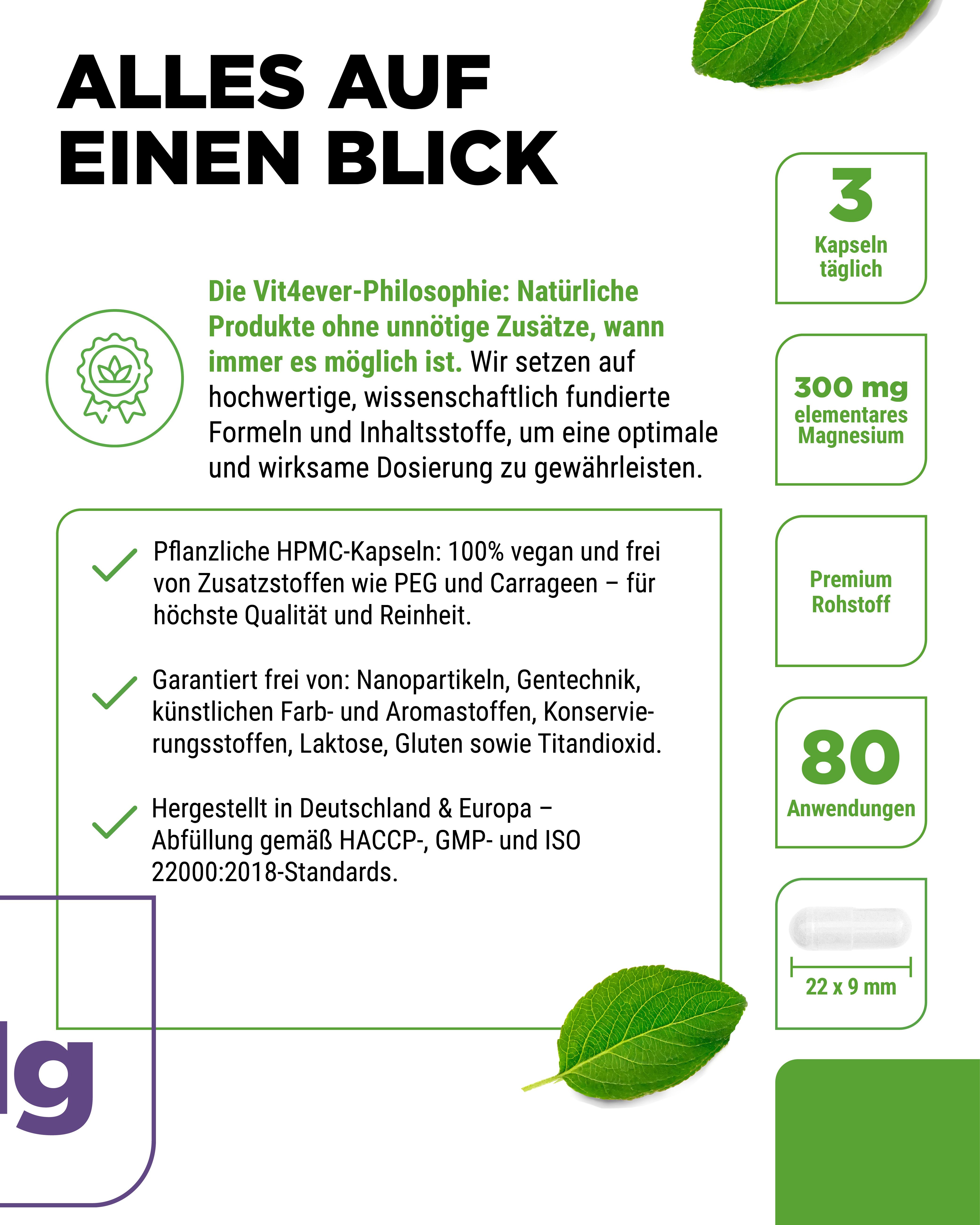 Weißes Pillenbehälter mit grünem Deckel. Text: Alles auf einen Blick. Informationen zu Inhaltsstoffen, Dosierung und Zertifizierungen.