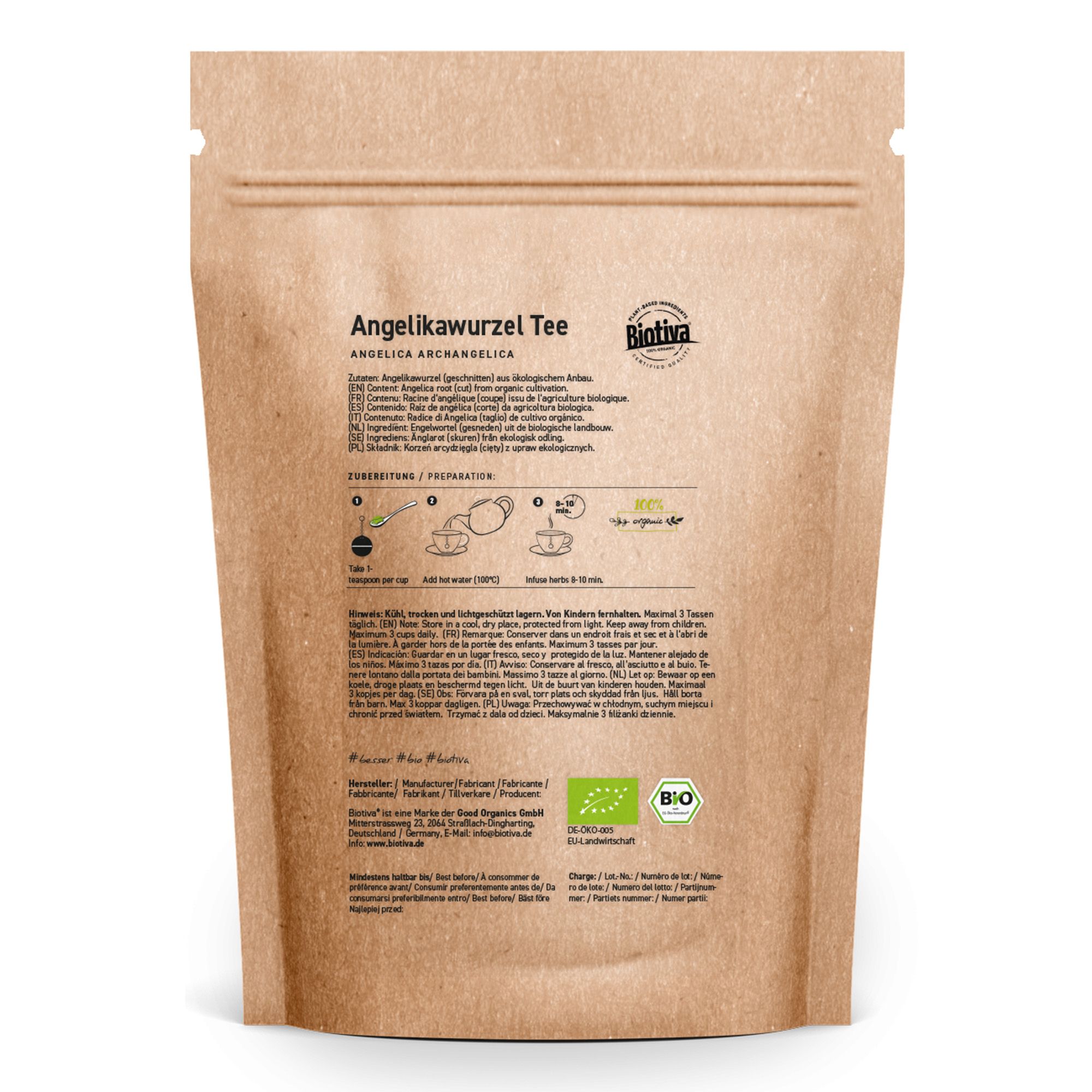 Rückseite einer braunen Papierverpackung mit Text und Logos. Enthält Informationen zu Angelikawurzel Tee, Zubereitung und Bio-Zertifizierung.