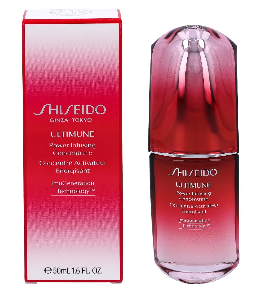 Rote Flasche und Schachtel. Aufschrift: SHISEIDO ULTIMUNE Power Infusing Concentrate. 50 ml.