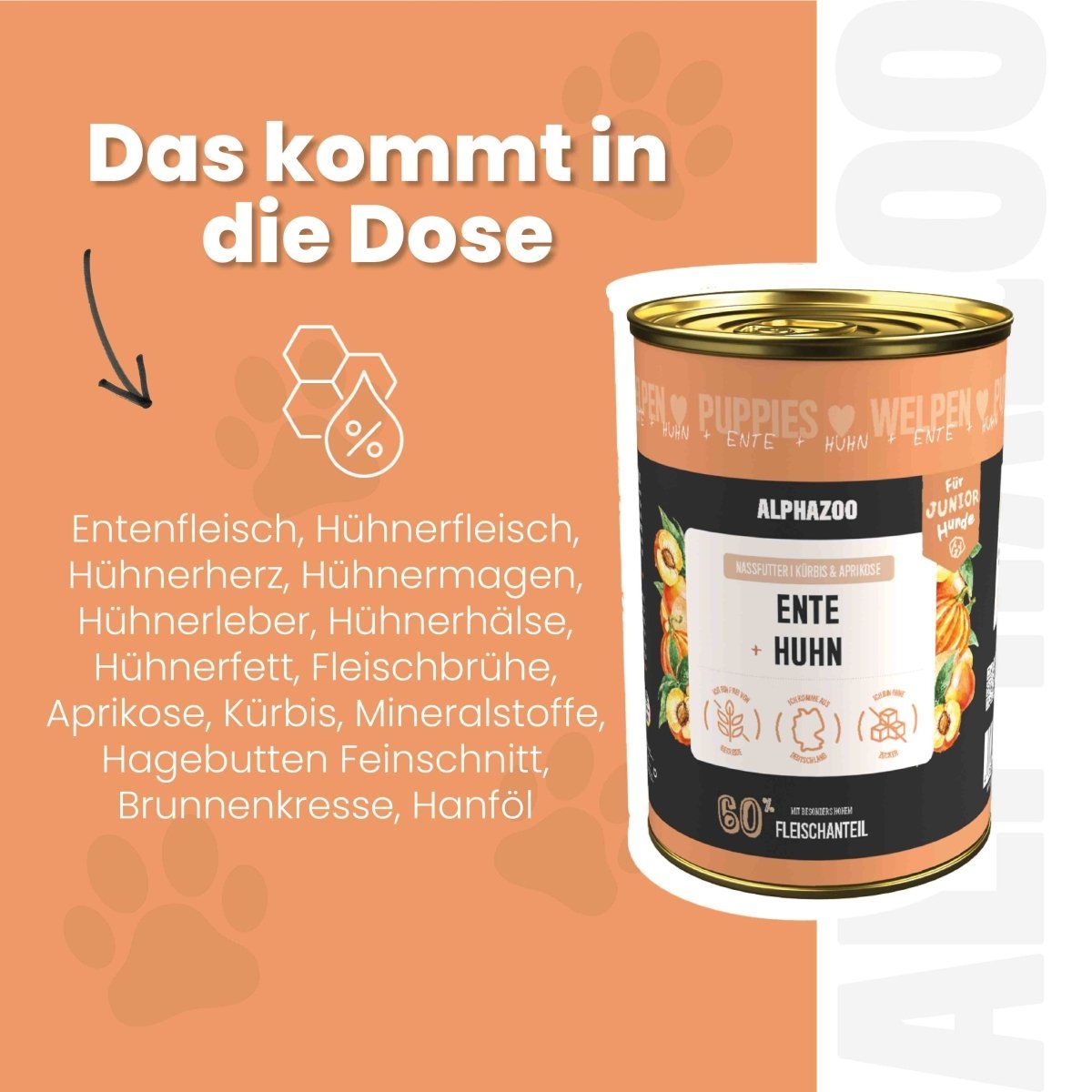 Dose Nassfutter mit Zutaten: Entenfleisch, Hühnerfleisch, etc. Text: Ente + Huhn. 60% Fleischanteil. Logo und Produktname sichtbar.
