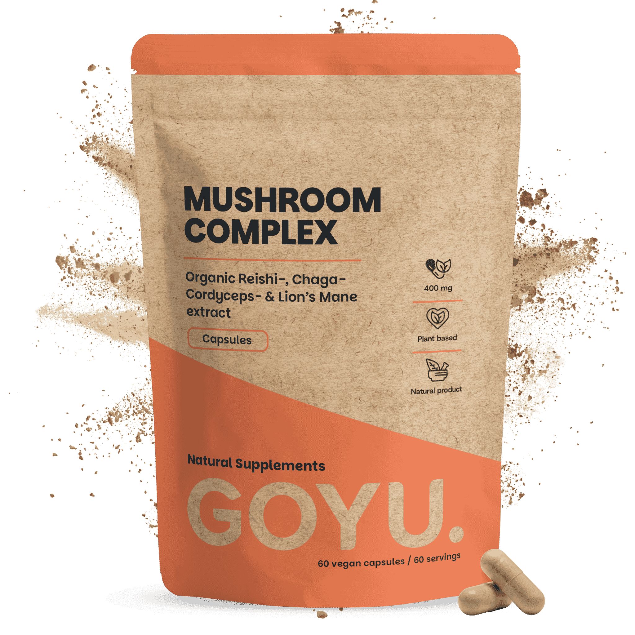 Eine Packung GOYU Pilzkomplex Kapseln mit Reishi, Chaga, Cordyceps und Löwenmähne.