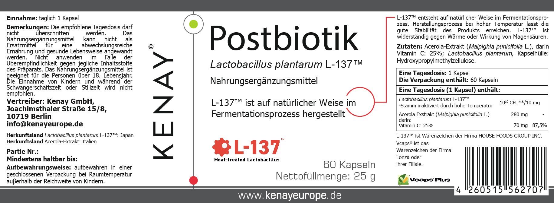 Etikett mit Text: "Postbiotik Lactobacillus plantarum L-137™ KENAY®". Enthält Informationen zu Inhaltsstoffen und Dosierung. 60 Kapseln.