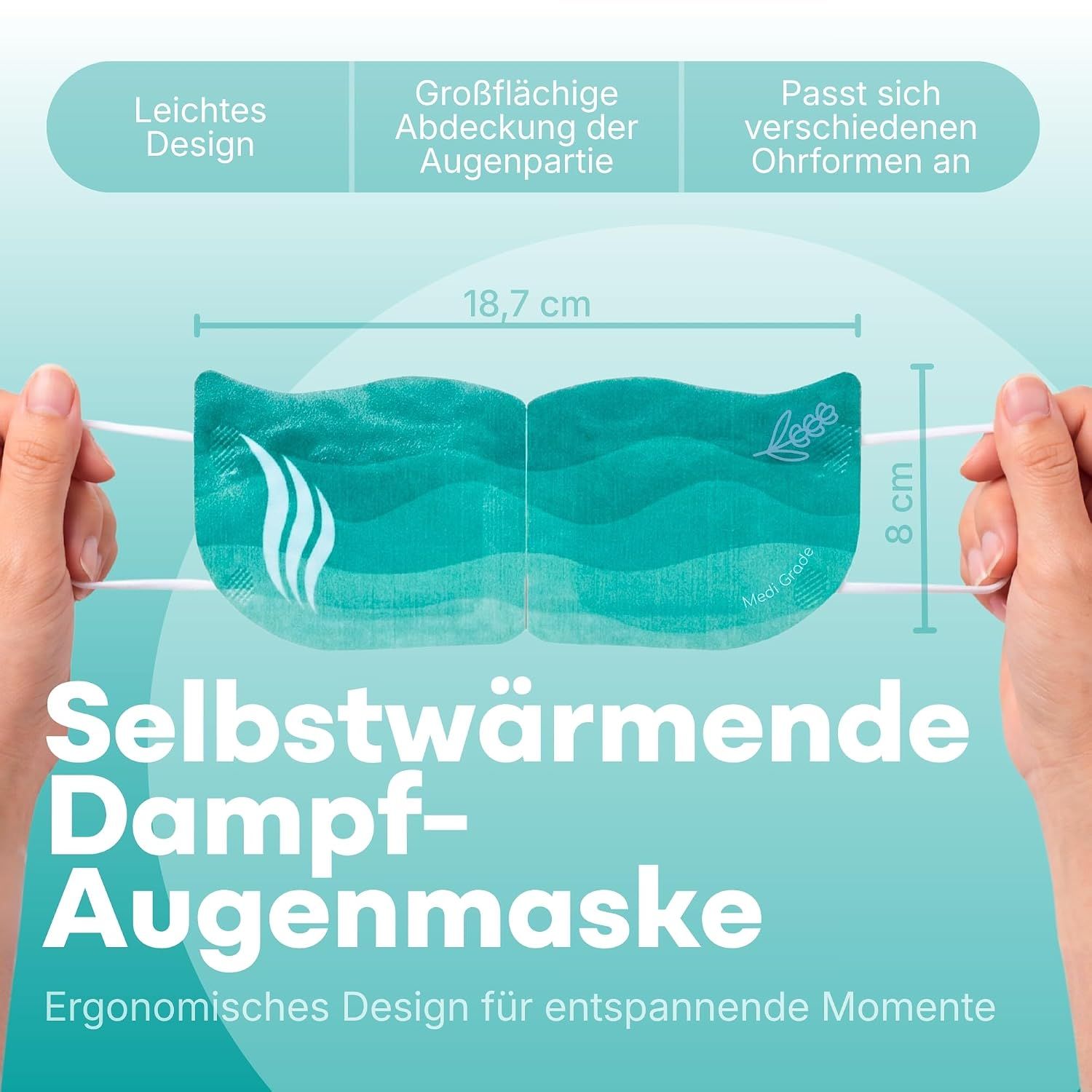 Grüne Dampf-Augenmaske, 18,7 cm breit, 8 cm hoch, ergonomisches Design.