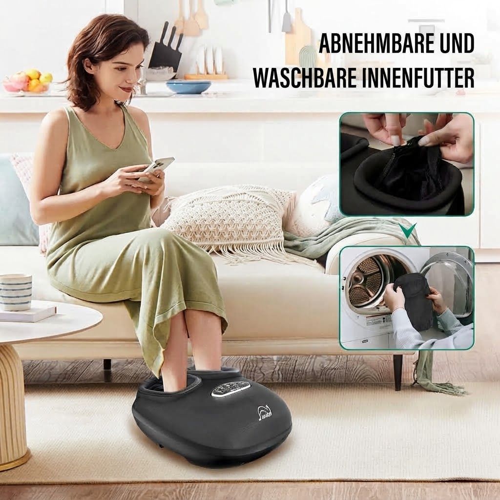 Schwarzes Fußmassagegerät mit abnehmbarem, waschbarem Innenfutter.