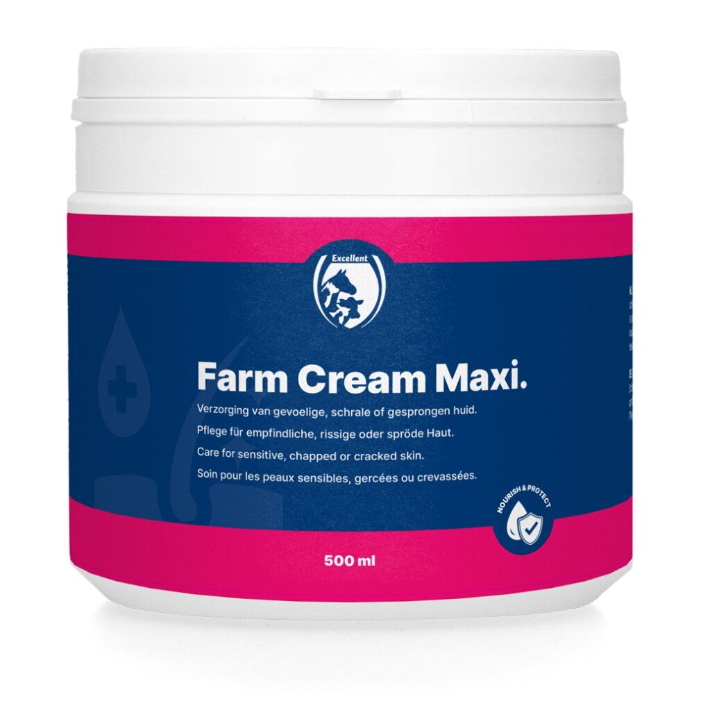 Weißer Tiegel mit Deckel. Aufschrift: Farm Cream Maxi. Blaues Feld mit rosa Streifen. 500 ml. Produkt für empfindliche Haut.