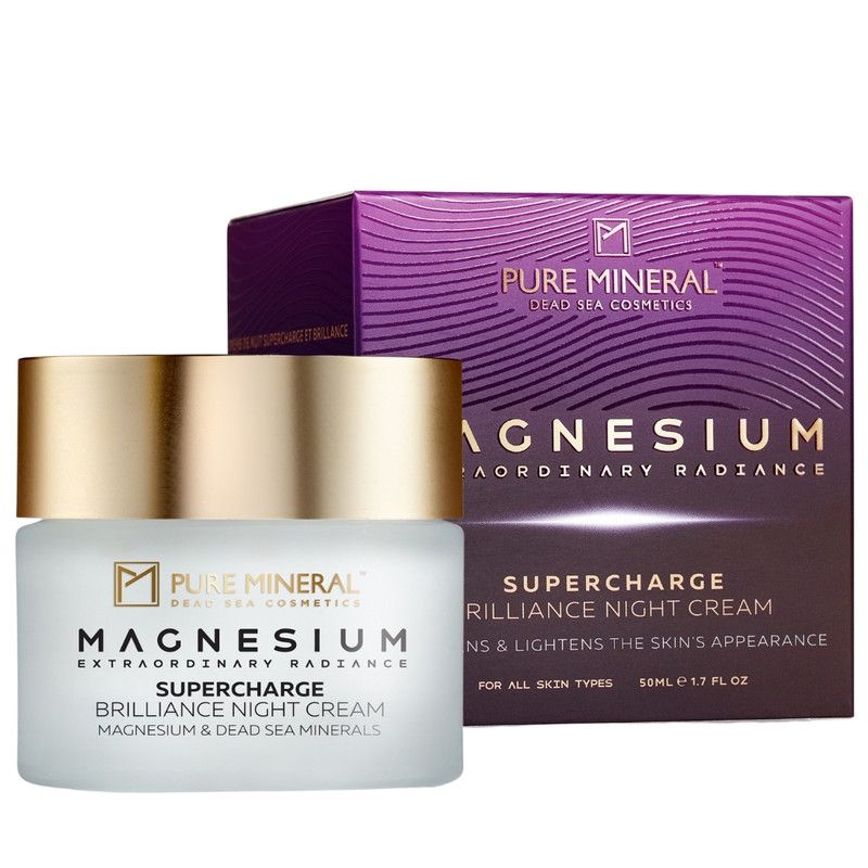 Creme-Tiegel und Verpackung. Aufschrift: Pure Mineral, Magnesium, Supercharge Brilliance Night Cream. Für alle Hauttypen.