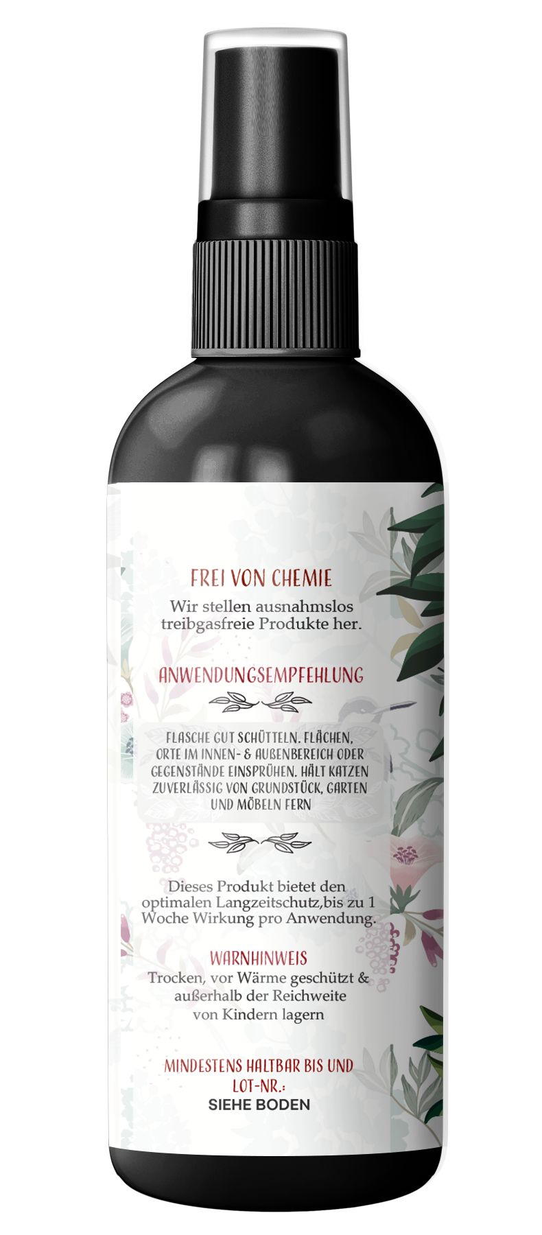 Rückseite einer schwarzen Sprühflasche. Text: FREI VON CHEMIE, Anwendungsempfehlung, Warnhinweis. Floralmuster auf dem Etikett.
