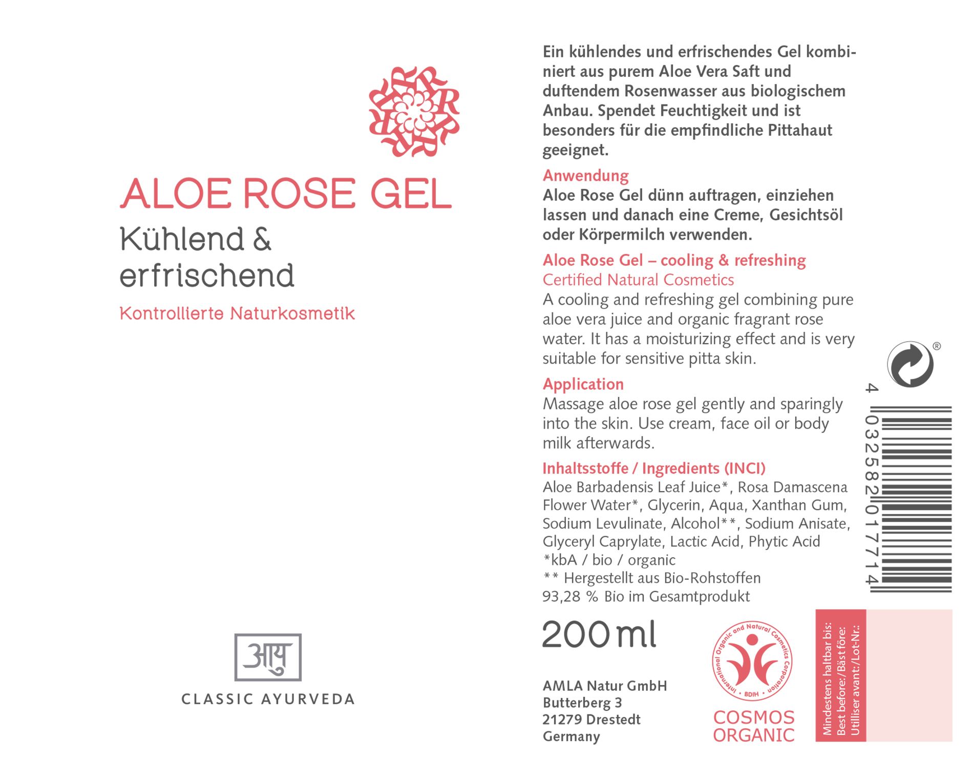 Classic Ayurveda - Aloe Rose Gel, 1er-Pack (1 x ) - Kontrollierte Naturkosmetik BDIH