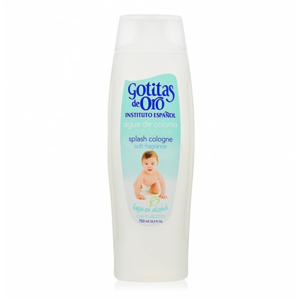 Weiße Flasche mit "Gotitas de Oro" Logo und einem Babybild. Splash Cologne, 750 ml.