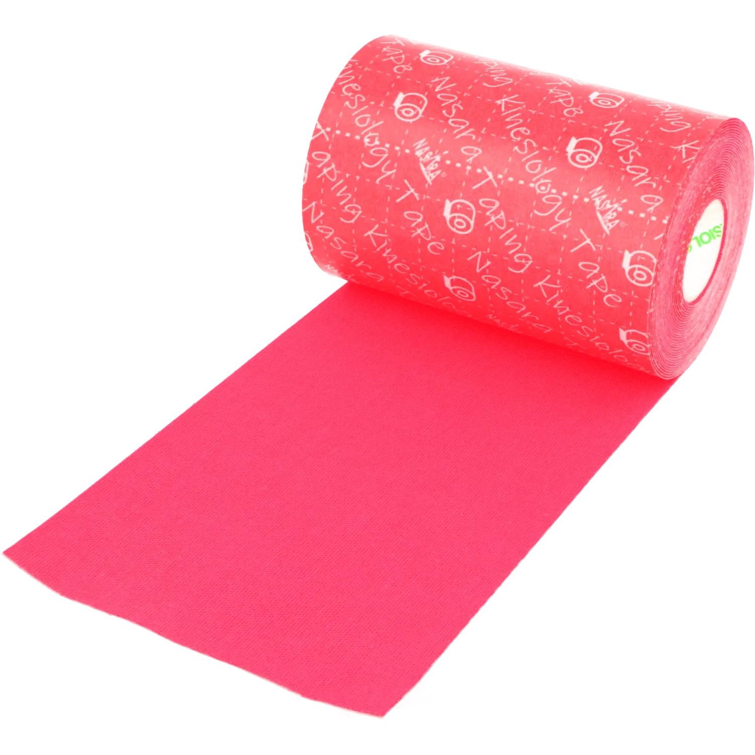 Rolle pinkfarbenes Kinesio-Tape. Aufdruck: Nasara Kinesiology Tape. Weißes Logo. Tape wird abgerollt.