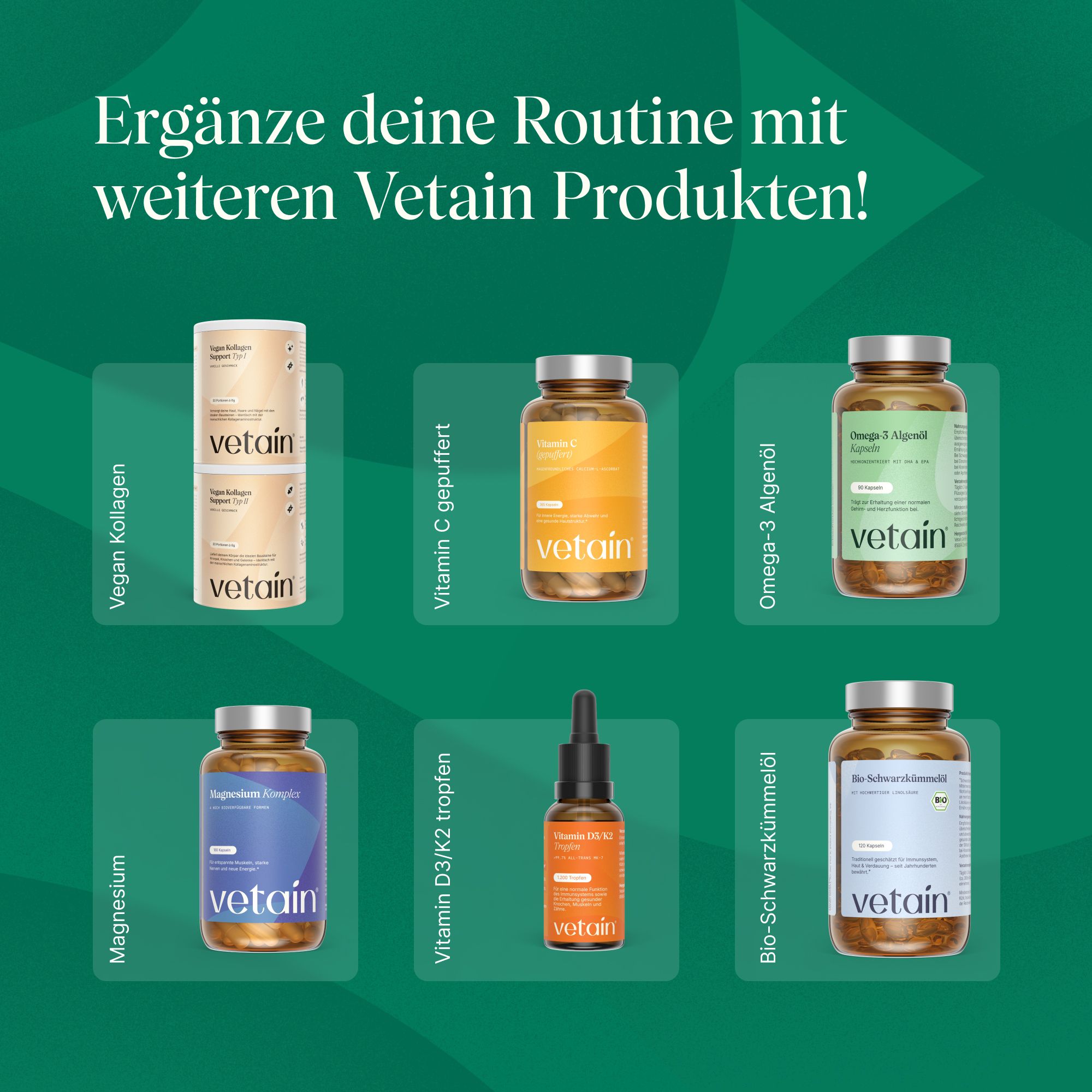Vetain Produktübersicht: Jod Komplex, Vitamin C, Omega-3, Magnesium, Vitamin D3/K2, Schwarzkümmelöl.
