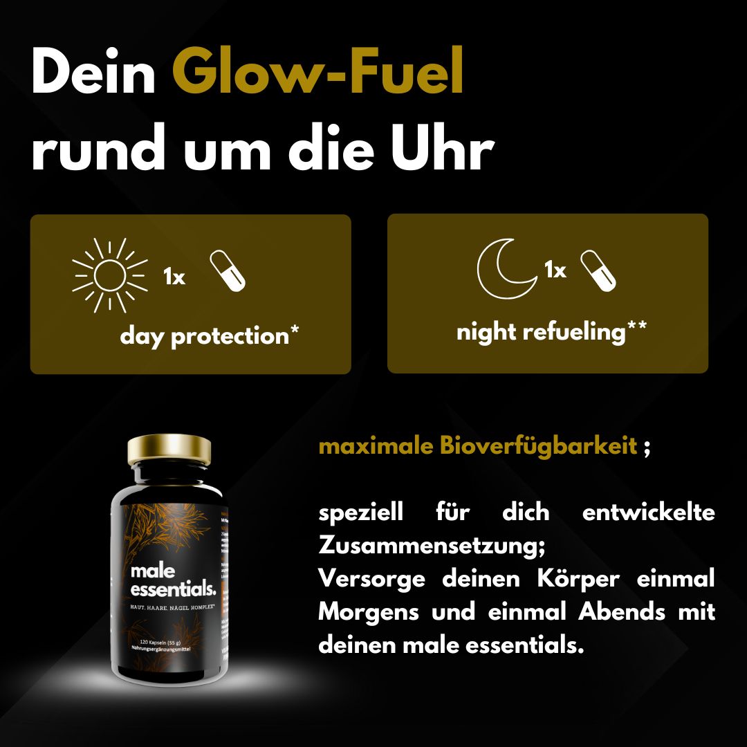 Produktflasche mit Text: male essentials. Text: Dein Glow-Fuel rund um die Uhr. Tag- und Nacht-Einnahme.