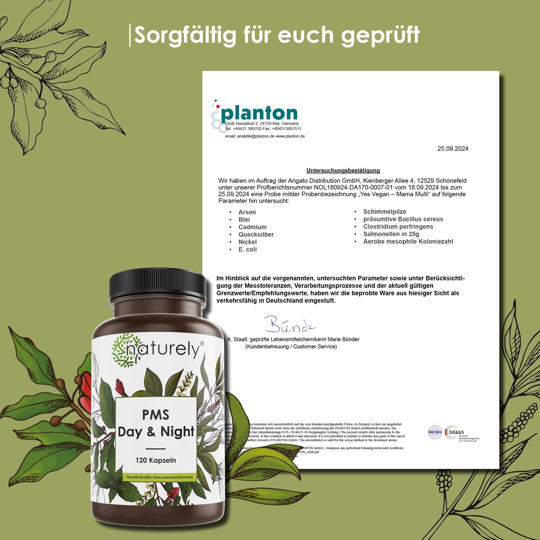 Flasche mit PMS Day & Night Kapseln, umgeben von detaillierten Informationen und botanischen Zeichnungen.