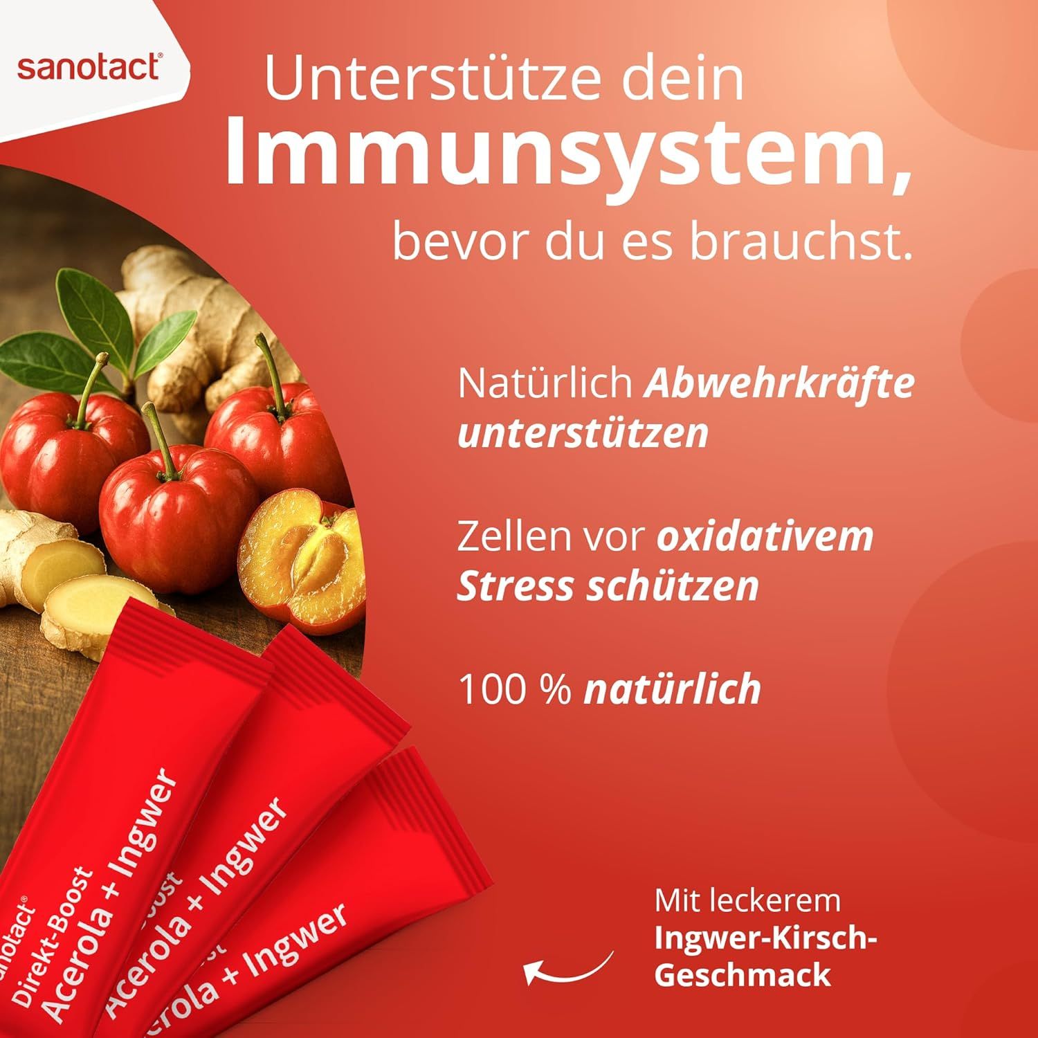 sanotact® Direkt-Boost Acerola + Ingwer Immun­system Sticks