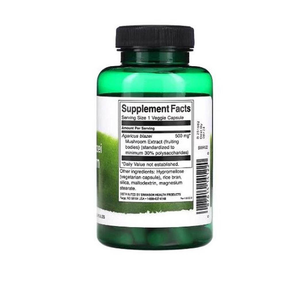 Rückansicht einer grünen Flasche mit schwarzem Deckel. Etikett mit Nährwertangaben und Inhaltsstoffen: Agaricus Blazei, 500 mg.