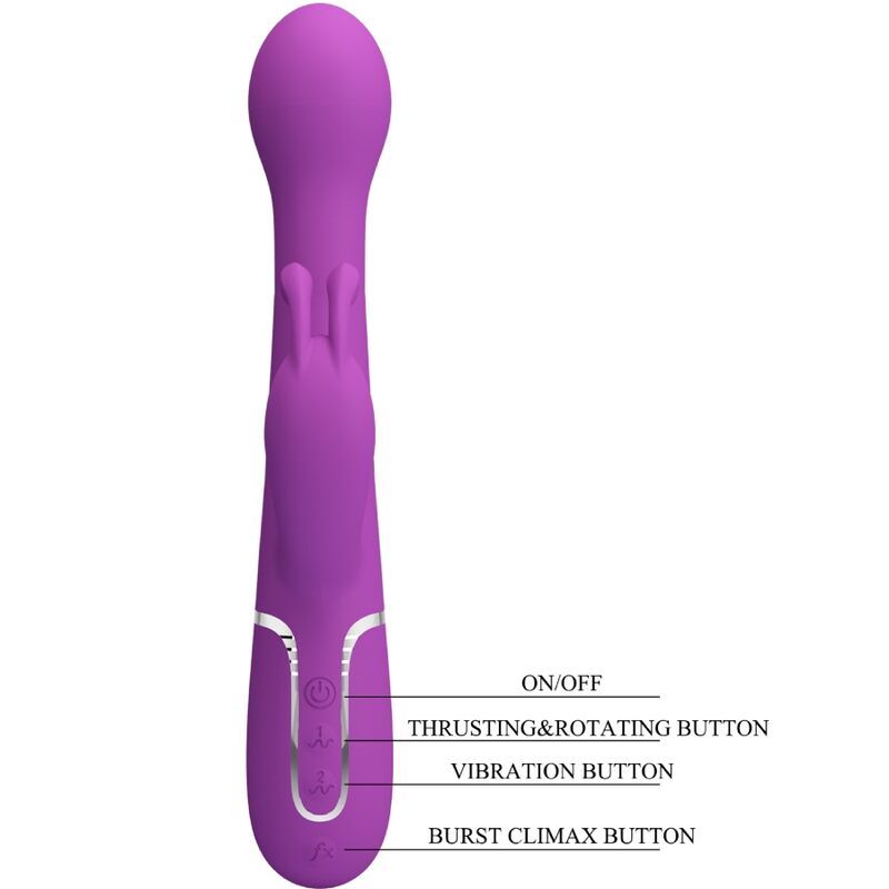 Lila Kaninchen-Vibrator mit Beschriftung der Bedienelemente.