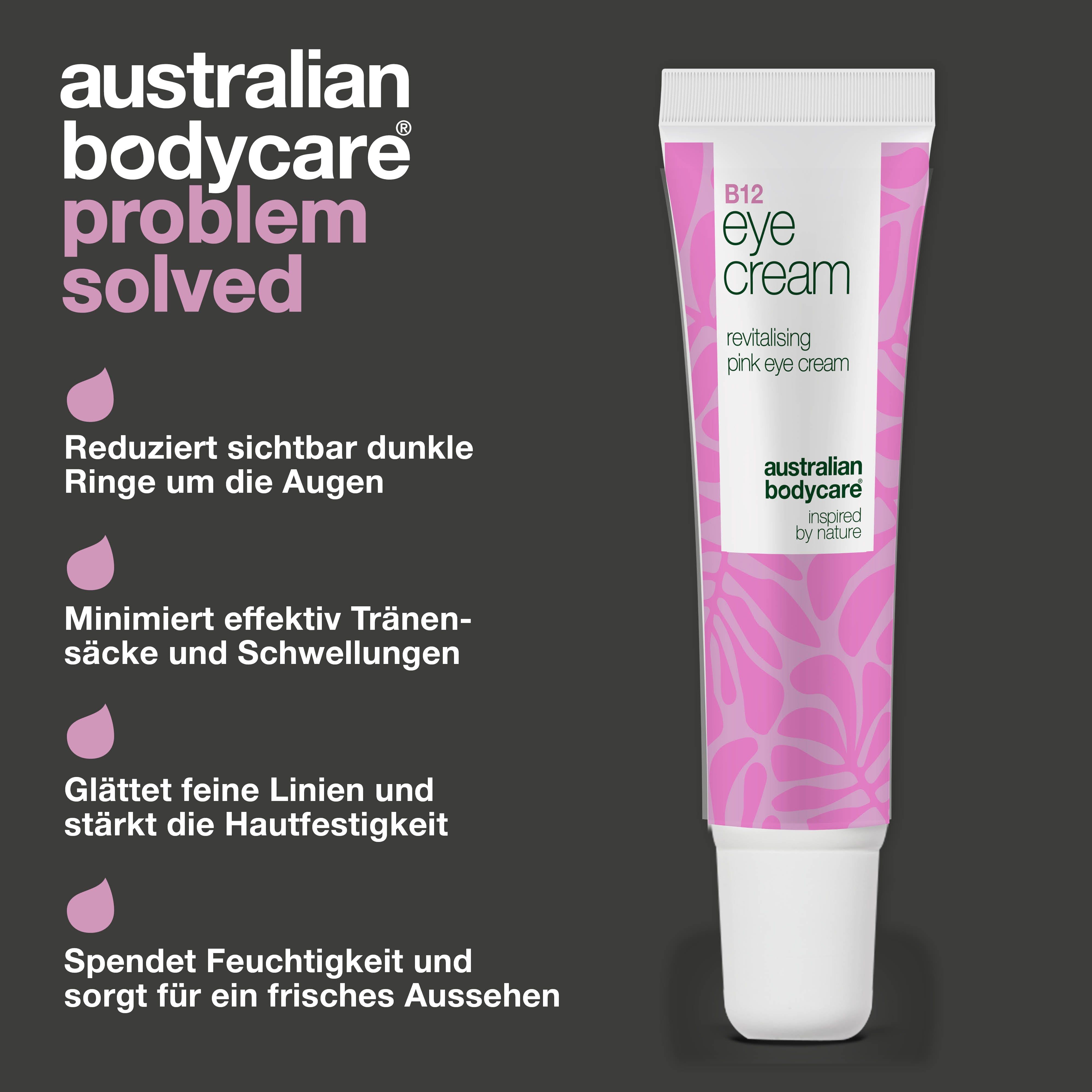 Tube Augencreme und rosa Tropfen. Text: B12 eye cream, Australian Bodycare. Reduziert Augenringe, etc.