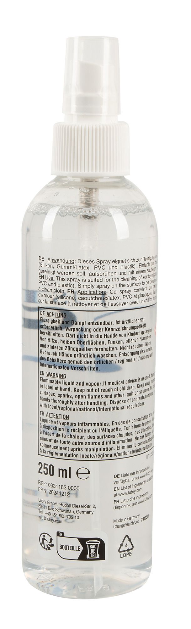 Rückseite der Just Glide Toycleaner Flasche mit Anwendungshinweisen.