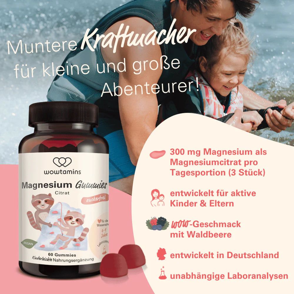 Werbung mit Flasche WOWTAMINS Magnesium Gummies. Kind und Mann am Wasser. Rote Gummies. Text: 300 mg Magnesium.