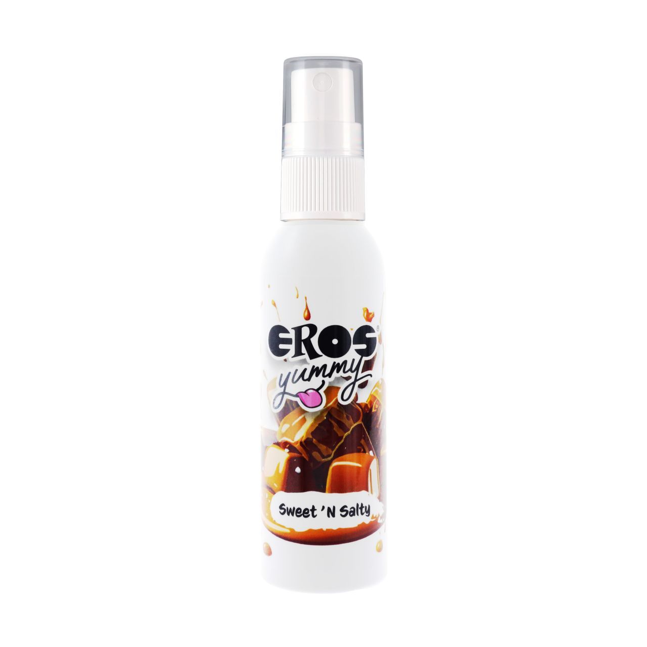 Weiße Flasche mit Sprühkopf. Aufschrift: EROS yummy Sweet 'N Salty. Abbildung von Karamell. Transparenter Deckel.