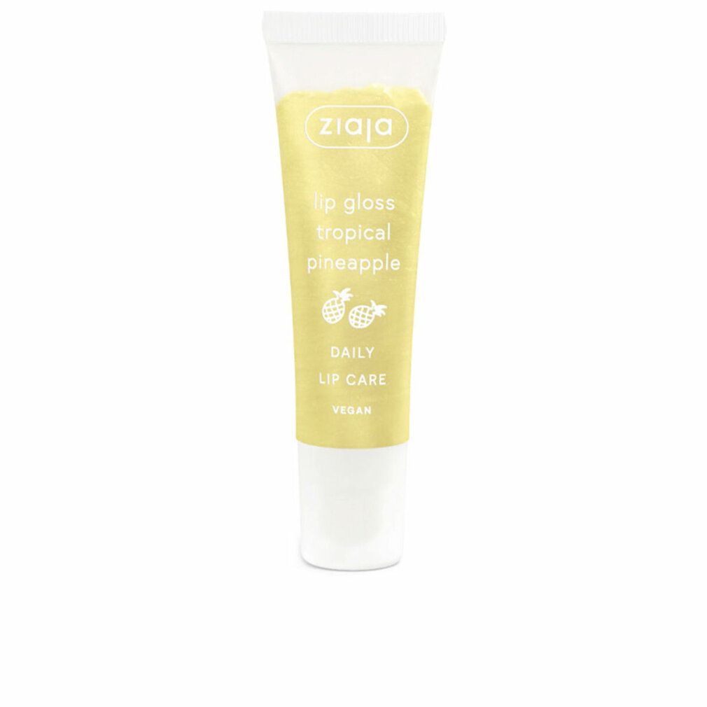 Transparente Tube mit gelbem Inhalt. Aufschrift: Ziaja, Lip Gloss Tropical Pineapple, Daily Lip Care, Vegan. Zwei Ananas-Symbole.