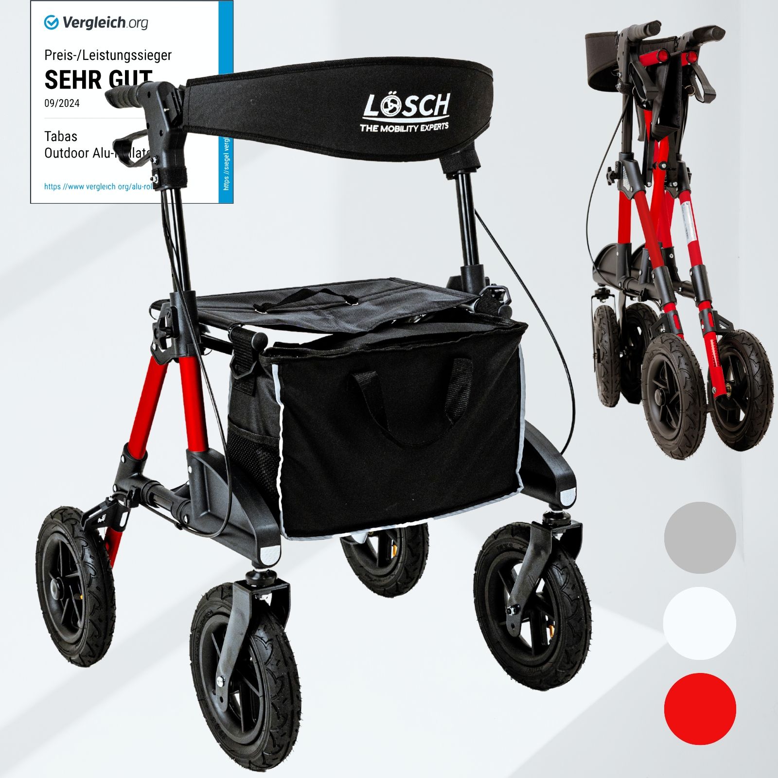 Rollator mit rotem Rahmen, schwarzem Sitz und Tasche. Auszeichnung "Sehr Gut". Marke: Lösch. Farboptionen: Grau, Weiß, Rot.