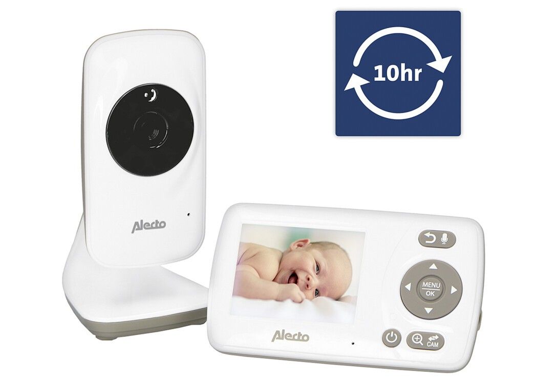Babyphone-Set. Kamera und Elterneinheit mit Bildschirm. Weiße Geräte mit Alecto-Logo.