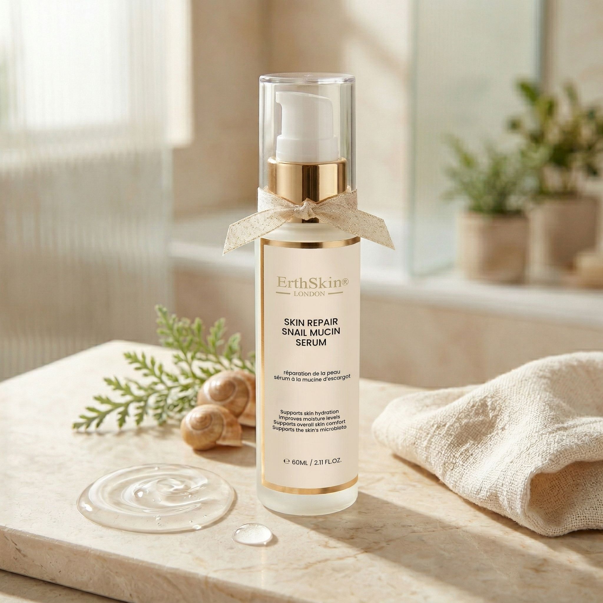 Flasche mit Pumpspender für Hautreparatur-Schneckenschleim-Serum, neben Schnecken und Pflanzen.