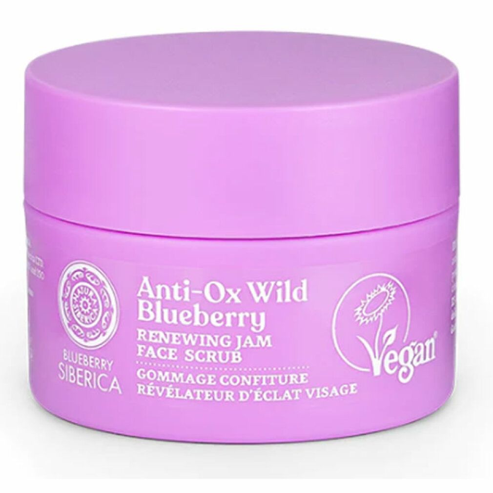Lila Tiegel mit Produktnamen und Logo. Aufschrift: Anti-Ox Wild Blueberry Renewing Jam Face Scrub. Vegan-Siegel.