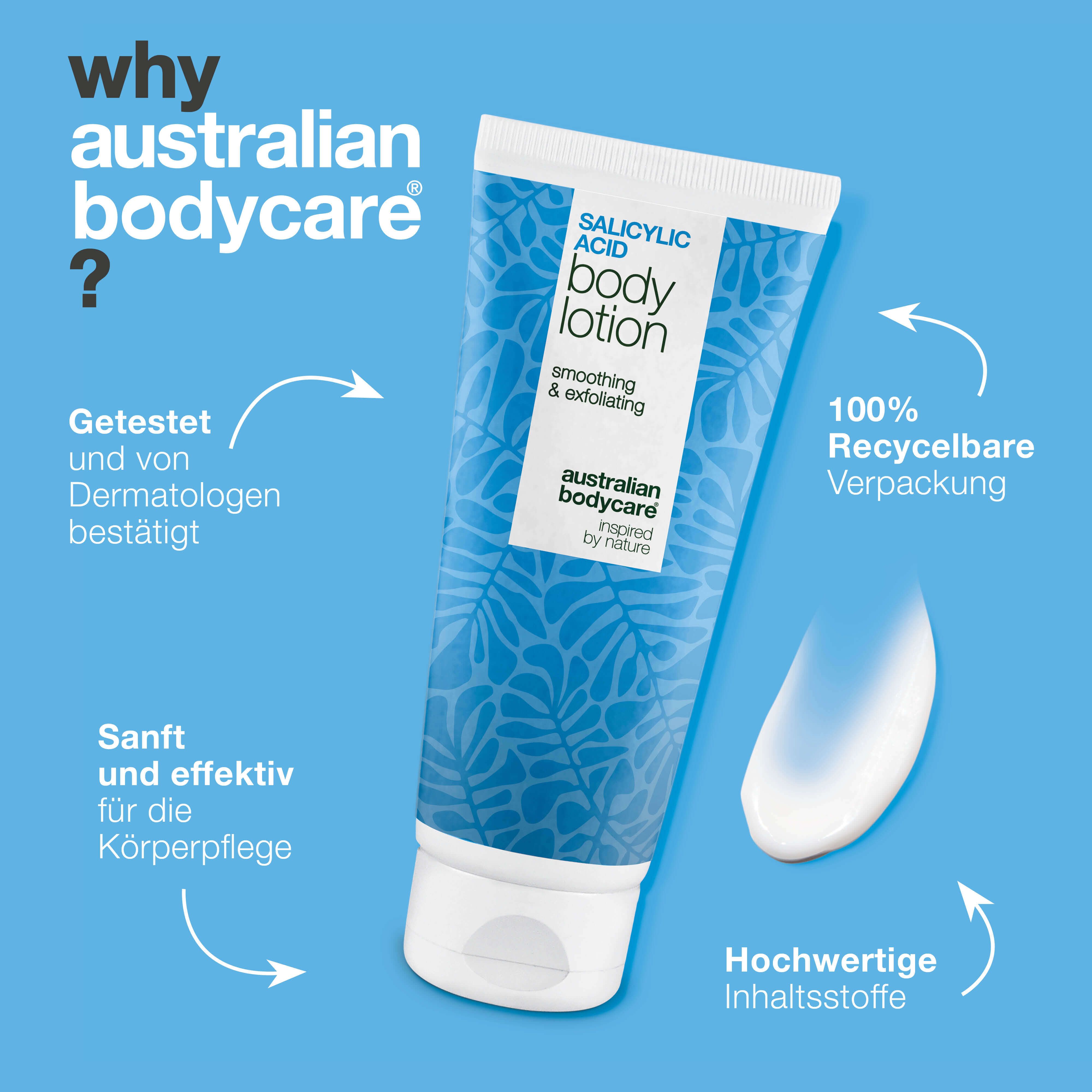 Tube Salicylsäure-Körperlotion. Text: smoothing & exfoliating. Marke: Australian Bodycare. Creme-Klecks. Text: 100% recycelbar.
