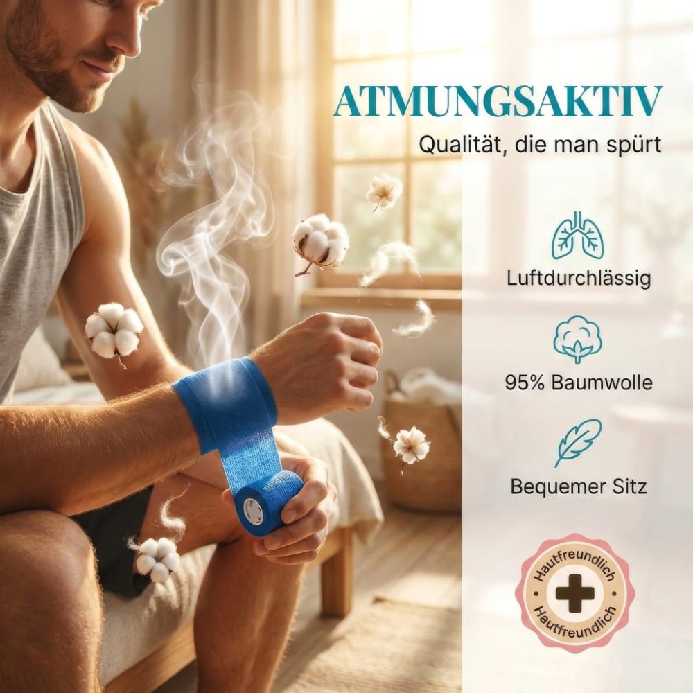 Mann mit Bandage am Handgelenk. Text: ATMUNGSAKTIV. 95% Baumwolle. Hautfreundlich. Logos: Lunge, Baumwolle.