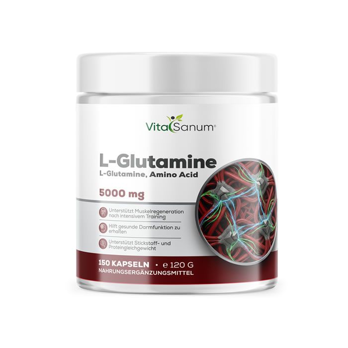 Weißes Behältnis mit rotem Etikett. Aufschrift: VitaSanum L-Glutamin, 5000 mg, 150 Kapseln, 120 g. Abbildung von Molekülen.
