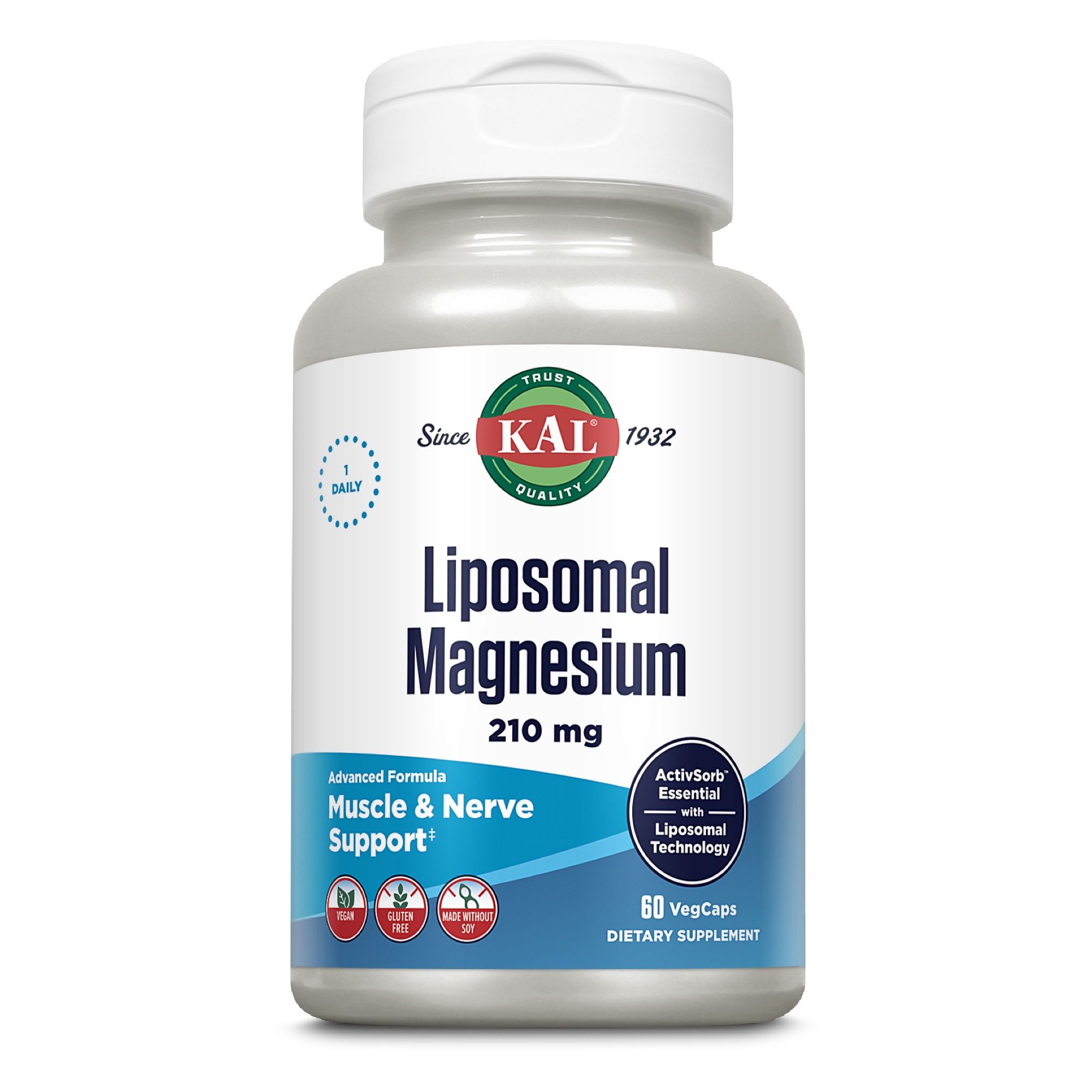 KAL Liposomales Magnesium 210 mg Flasche. 60 VegCaps. Blaues Etikett mit Produktinformationen und Logo.