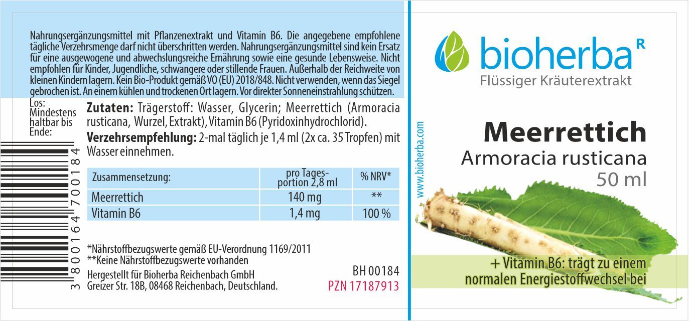 Etikett mit Produktinformationen. Enthält Text, Logo und Abbildung von Meerrettich. Marke: Bioherba. Flasche mit 50 ml.