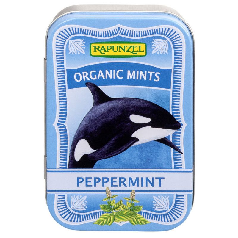 Hellblaue Metalldose mit Walmotiv. Aufschrift: Rapunzel, Organic Mints, Peppermint. Dose mit abgerundeten Ecken.