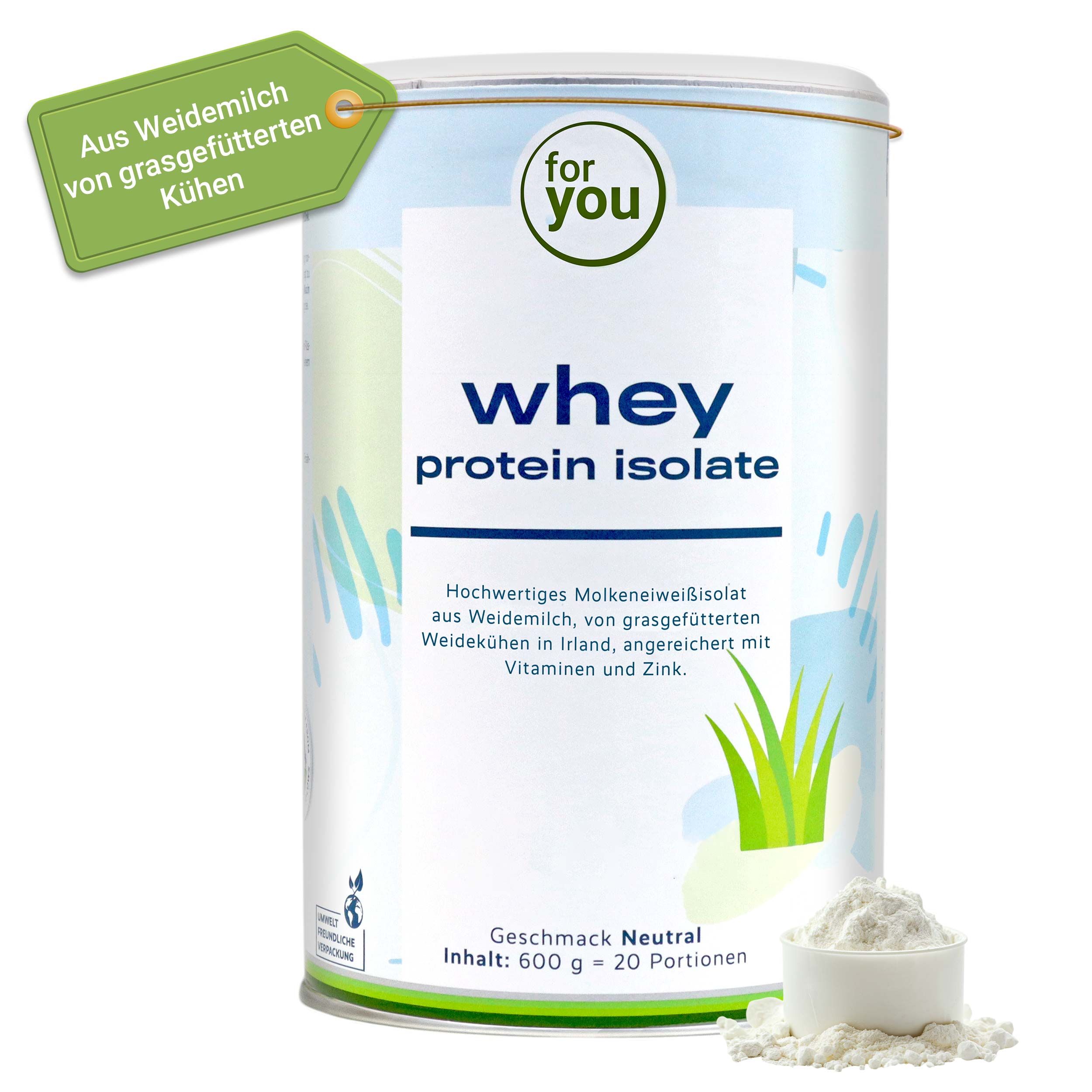 Dose mit Pulver und Messlöffel. Text: Whey Protein Isolate, aus Weidemilch von grasgefütterten Kühen, angereichert mit Vitaminen und Zink.