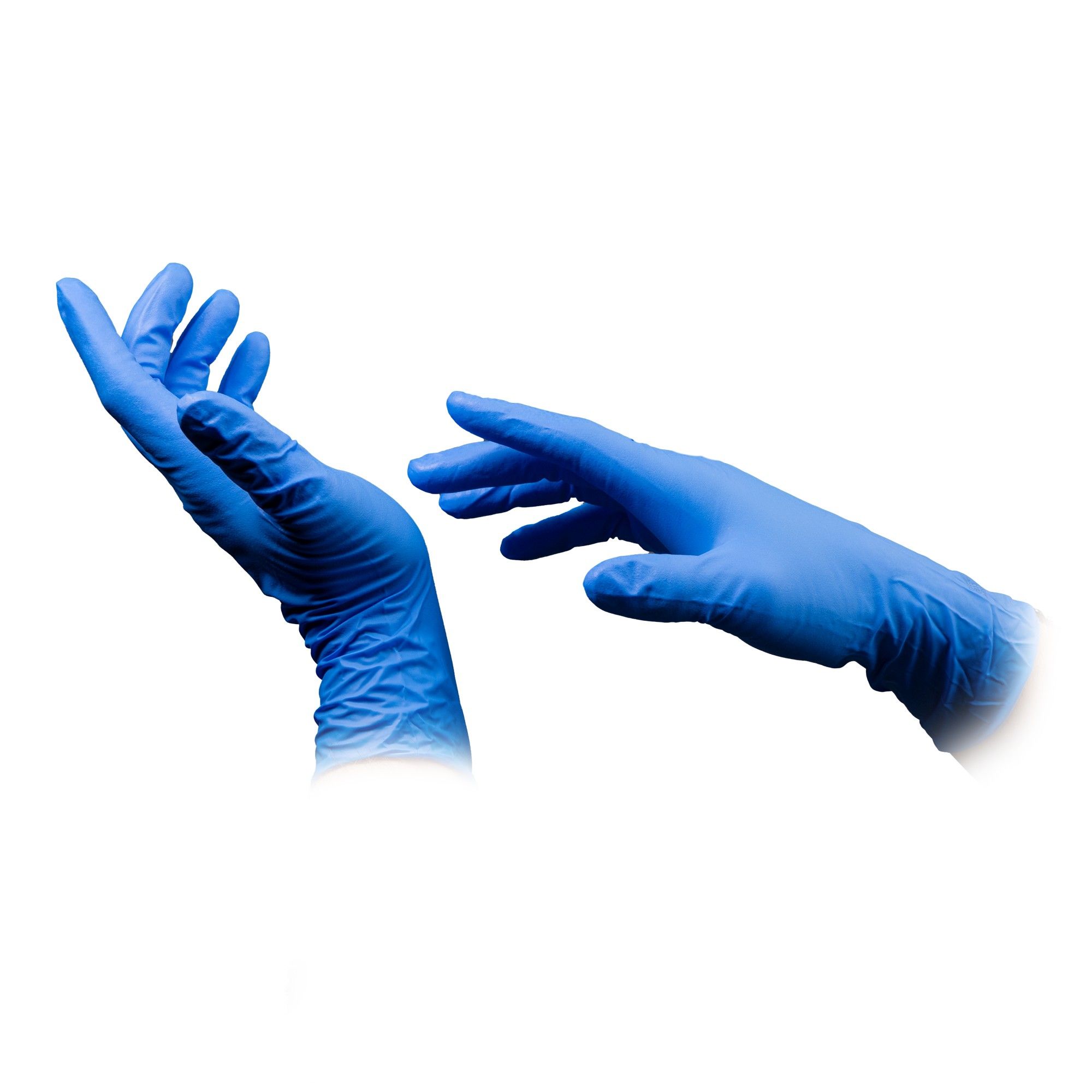 Zwei blaue Nitrilhandschuhe, eine Hand streckt sich zur anderen.