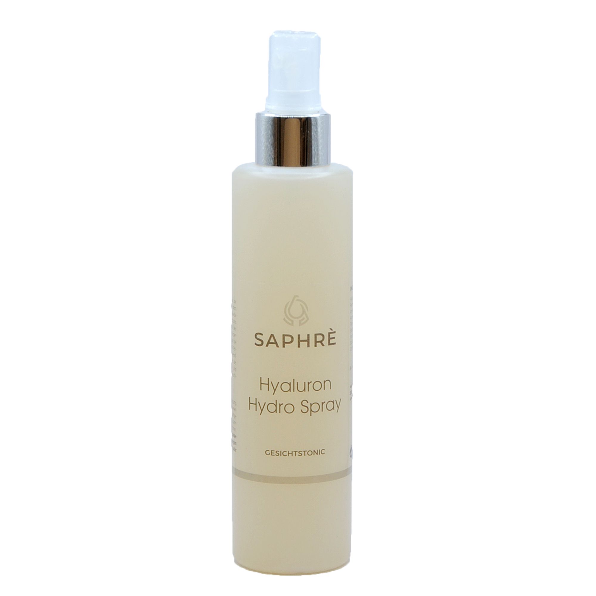 Beige Flasche mit Sprühkopf. Beschriftung: Saphre Hyaluron Hydro Spray. Gesichtstonic.