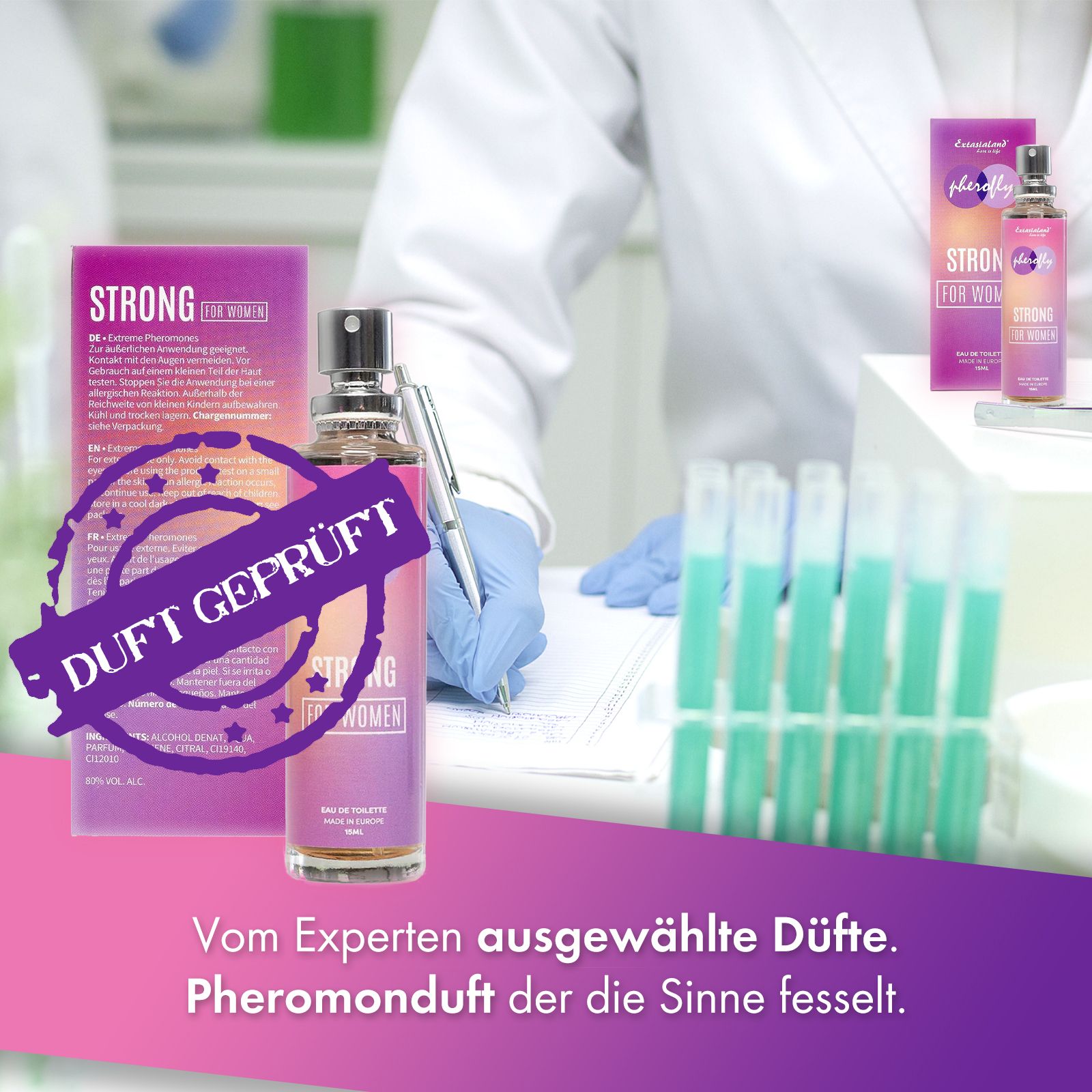 Parfümflasche Pherofly Strong for Women und Verpackung. Text: Duft geprüft. Expertenauswahl. Pheromonduft.