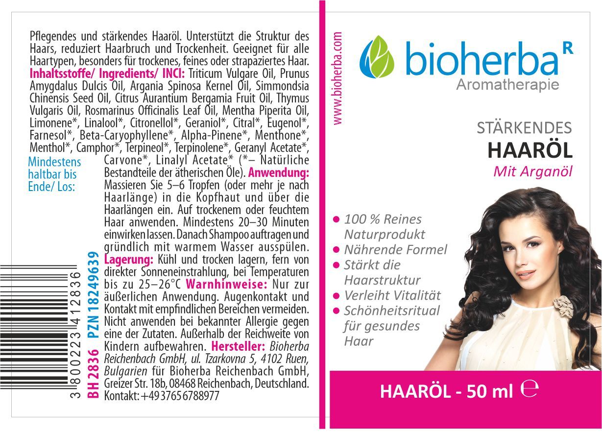 Flasche Bioherba Haaröl mit Argan. Etikett mit Produktinformationen, Inhaltsstoffen und einer Frau mit langen Haaren. 50 ml.