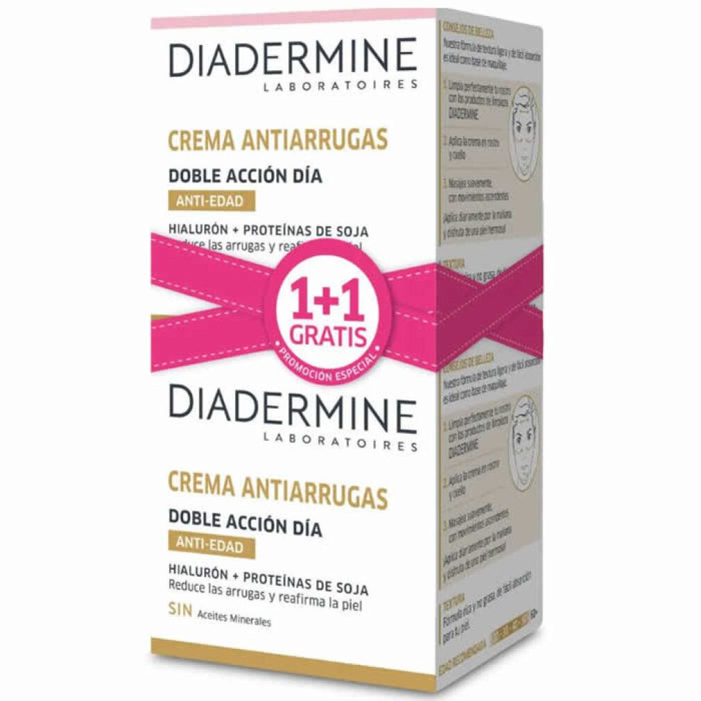 Diadermine Creme-Verpackung. Aufschrift: Creme Anti-Falten, 1+1 gratis. Rosa Schleife.